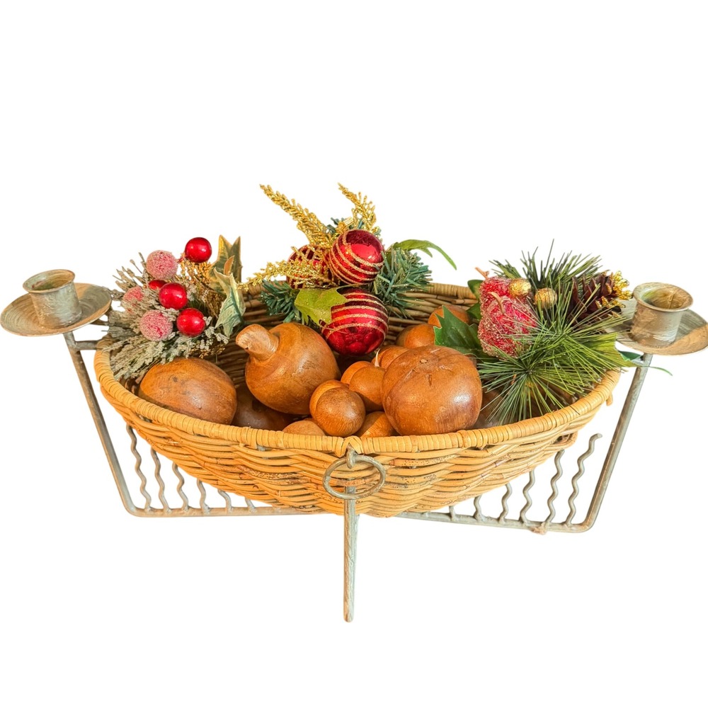 Vtg 1960s Italian Wicker Wood Fruit Basket Wrought Iron Candelabra Centerpiece
